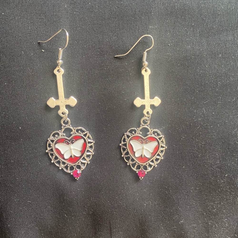 Sliver upside down cross and heart/butterfly earrings